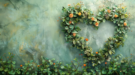 A heart shape created entirely from vibrant green leaves and colorful flowers, showing natures intricate beauty and creativity. The arrangement is meticulously crafted, exuding a sense of love and harmony through the combination of delicate botanical elements.の素材