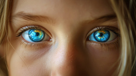 A close-up view of a young girl with striking blue eyes.の素材