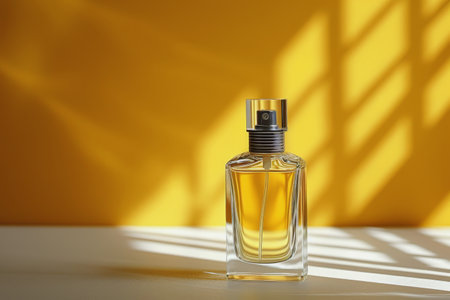 A bottle of perfume is positioned on top of a bright yellow wall. The glass bottle gleams under the light, contrasting with the vibrant wall background.の素材