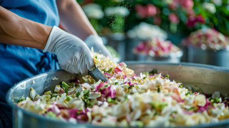 A person wearing a blue shirt and white gloves scoops food out of a container.の素材