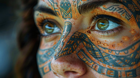 A womans face is covered with numerous white dots, creating a unique and intriguing pattern on her skin. The dots appear evenly distributed, adding a striking contrast against her skin tone.の素材
