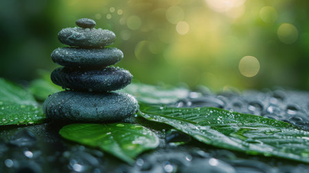 A group of rocks carefully stacked on top of a fragile leaf, demonstrating balance and gravity in action. The rocks vary in size and shape, creating a precarious yet fascinating arrangement.の素材