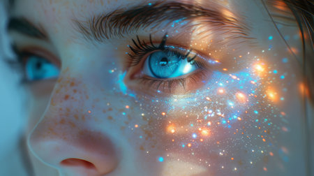 A detailed close-up view of a persons face focusing on their striking blue eyes. The eyes are prominently featured, capturing the attention of the viewer with their vivid blue color and unique details.の素材
