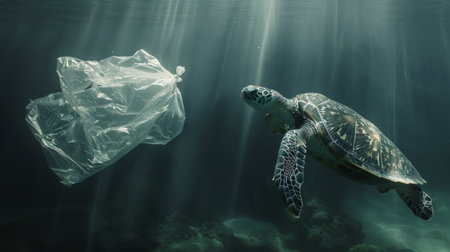 A green turtle gracefully swims through a vibrant coral reef, showing the beauty of marine life in its natural habitat.の素材