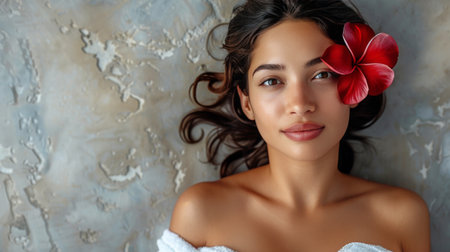 A woman is reclining on a bed, with a single flower tucked behind her ear. She appears and relaxed content, gazing off into the distance.の素材