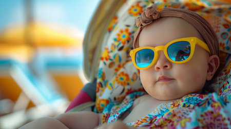 A young child wearing sunglasses and a hat while sitting comfortably in a chair.の素材