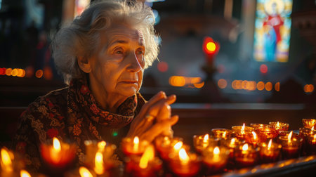 An older woman standing before a row of lit candles.の素材