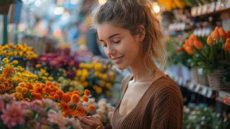 A woman stands in a flower shop, looking closely at various colorful flowers on display.の素材