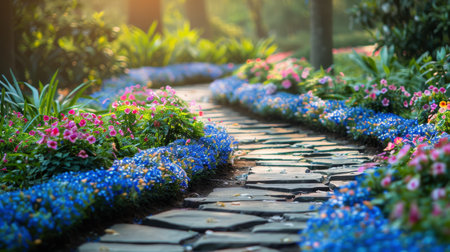 A stone path winding through a garden filled with colorful flowers and rugged rocks.の素材