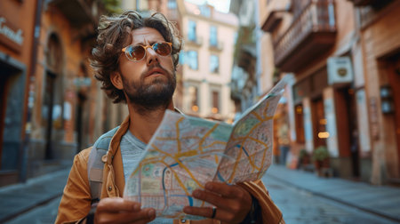 A man wearing a brown jacket is seen holding a map in his hands, possibly navigating his way through a location.の素材