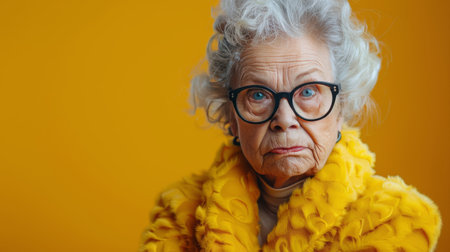 A woman wearing a yellow sweater leaning against a yellow wall.の素材