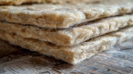 A bundle of wool fibers piled neatly on a rustic wooden floor, creating a cozy and textured scene.の素材