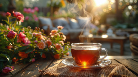 A cup filled with tea sits on a wooden table, creating a simple yet cozy scene.の素材