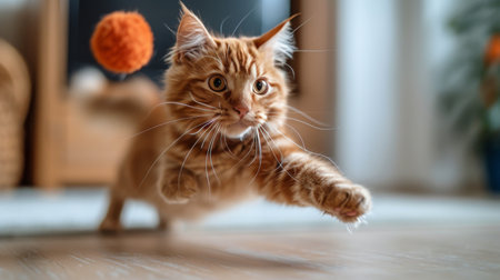 A cat leaps through the air energetically, chasing a ball in a playful manner.の素材