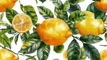 A realistic painting featuring oranges and limes, carefully arranged on a plain white background.の素材