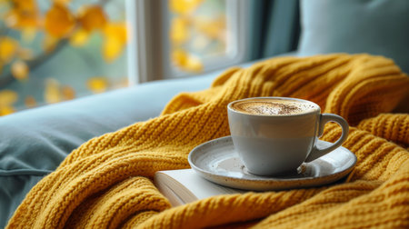 A cup of coffee is placed on top of a white couch.の素材