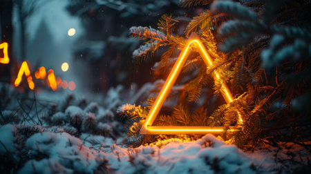 Triangle neon sign perched on pine trees peak.の素材