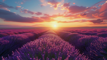 The sun dips below the horizon, casting a warm glow over rows of blooming lavender in a scenic field.の素材