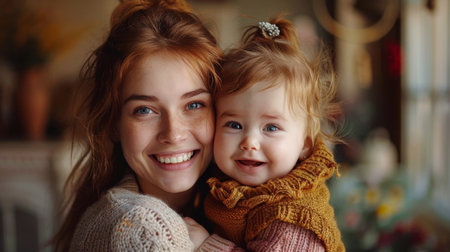 A woman holds a little girl in her arms, displaying a loving bond between mother and daughter.の素材