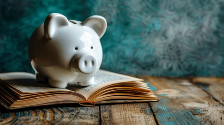 A piggy bank stands on top of a closed book, representing financial education and saving money.の素材