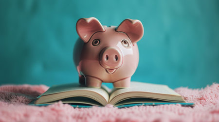 A piggy bank placed on top of an open book, symbolizing saving and financial education.の素材