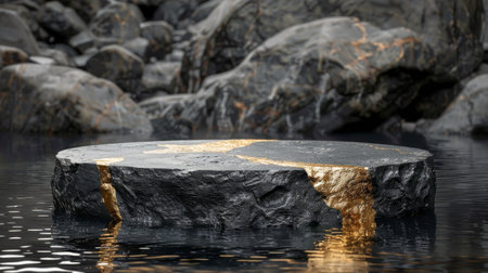 A close up of a hockey puck sinking below the surface of the water, creating ripples in its wake.の素材