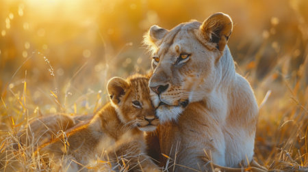 A mother lion and her cub roaming and playing in the grassy field.の素材