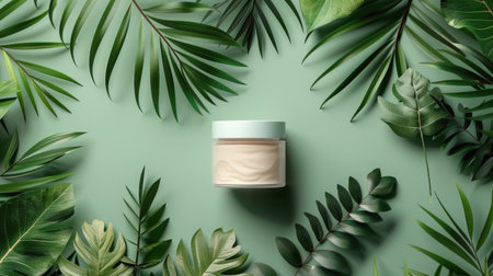 Cream jar placed amidst vibrant green leaves, creating a natural and soothing composition.の素材
