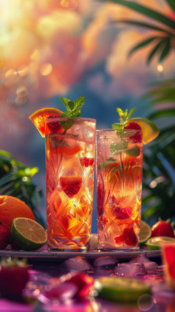 A collage featuring different types of cocktails, including margaritas, martinis, mojitos, and daiquiris, displayed in colorful glasses with garnishes.の素材