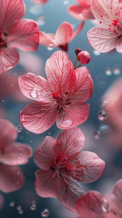 A cluster of pink flowers blooming on a single branch, showing their delicate petals and vibrant color against a green background. The flowers are tightly packed together, creating a beautiful and lively display.の素材