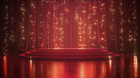 A stage illuminated by red lights, featuring a set of steps for performers entrance and exit.の素材