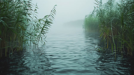 A body of water surrounded by dense tall grass, creating a tranquil and natural landscape.の素材