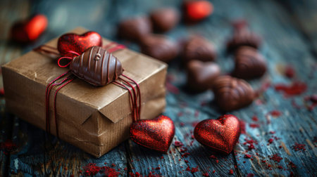 An assortment of chocolates in a box with heart-shaped decorations placed around it.の素材