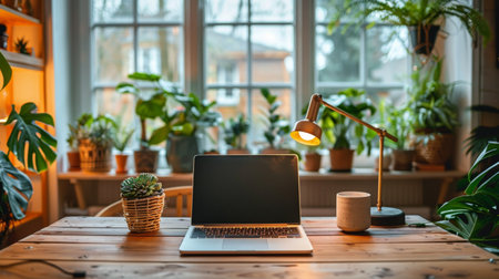 A laptop computer is placed on top of a wooden desk, creating a workspace setup.の素材
