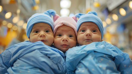 Two infants comfortably seated side by side, looking curiously at their surroundings.の素材