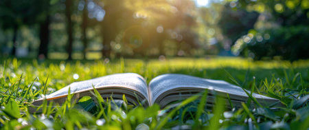 A book lies open in a grassy field on a sunny day. The sun shines brightly overhead.の素材
