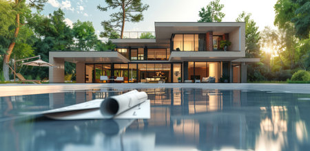 A house with blueprints spread out on a table and a roll of paper sitting next to it.の素材