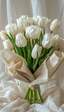 A bunch of white tulips arranged in a bouquet and wrapped neatly in white paper.の素材