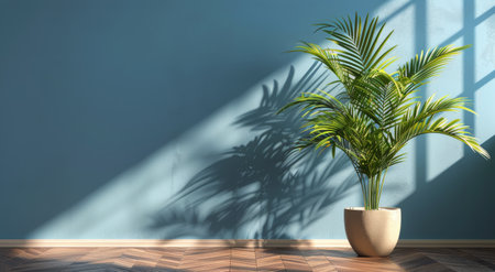 A potted plant is placed on a wooden floor, creating a simple and natural decor element in the room.の素材
