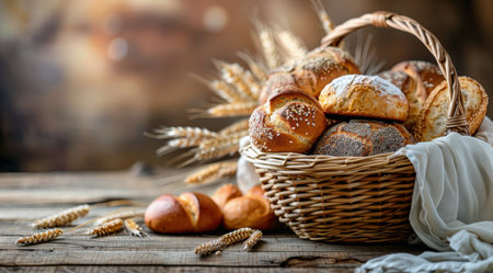 A basket of freshly baked bread surrounded by wheat stalks.の素材