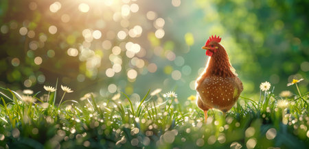 A brown chicken stands prominently on top of a lush green field, surrounded by vibrant vegetation and under a clear blue sky.の素材