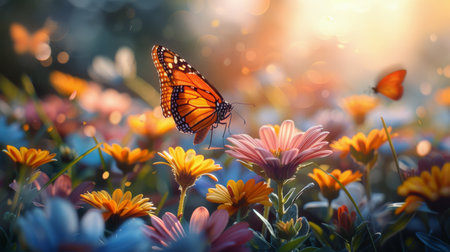 Butterflies soar above a vibrant field of yellow flowers, showing their delicate beauty in flight.の素材