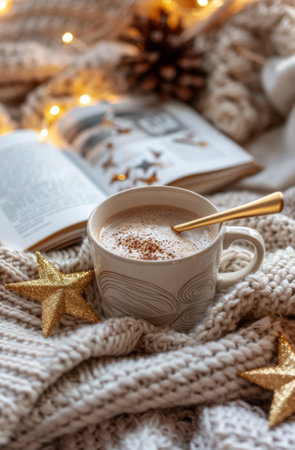 A cup of steaming hot chocolate sits beside an open book on a cozy blanket.の素材