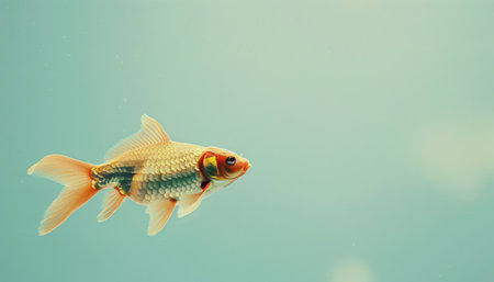 A goldfish gracefully swims through crystal clear blue water, displaying its vibrant colors and graceful movements.の素材