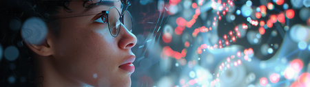 A woman wearing glasses focused on a screen in front of her.の素材