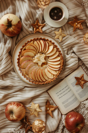 An apple pie placed on a plaid blanket beside a steaming cup of coffee outdoors.の素材