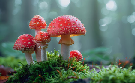 A close-up shot of orange and white toadstools growing in moss in a forest.の素材