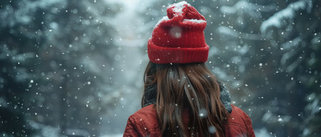 A woman wearing a red hat stands in the snow.の素材