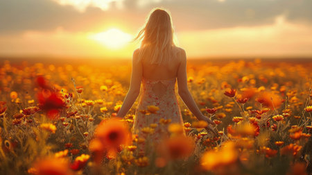 A woman is standing among a vibrant field of flowers as the sun sets in the background.の素材