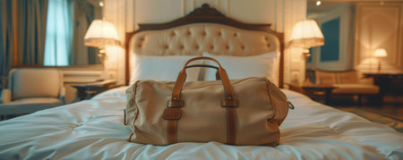 A black duffel bag resting on a neatly made bed, adding to the bedrooms furniture arrangement.の素材